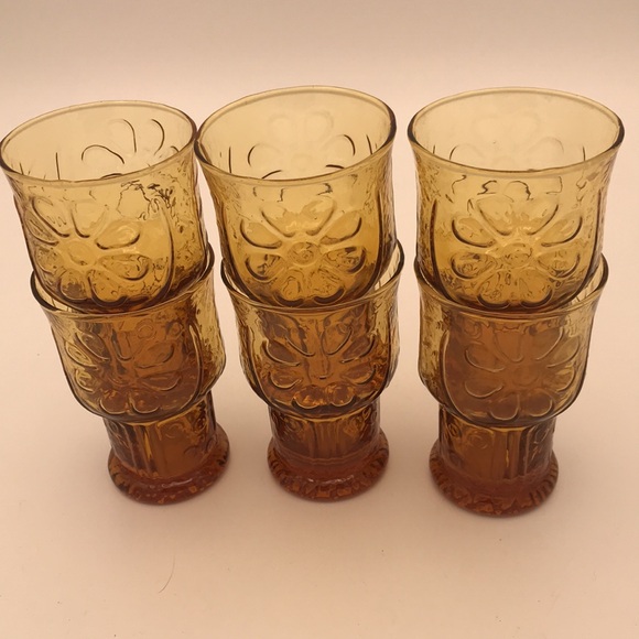 VTG Libbey Amber Daisy Country Garden 4" Juice Glasses Set of 6 - Picture 5 of 8